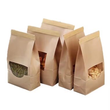 Kraft paper pouch with clear window and sealed closure for snacks and cookies