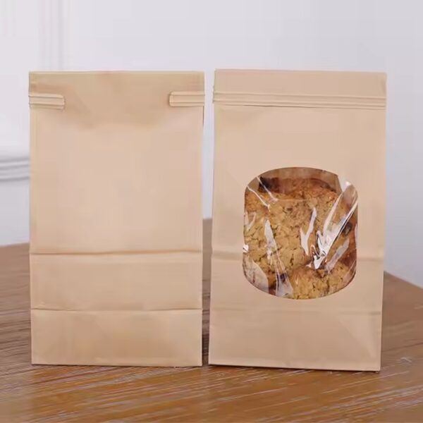 Kraft paper pouch with clear window and sealed closure for snacks and cookies