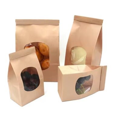Kraft paper pouch with clear window and sealed closure for snacks and cookies