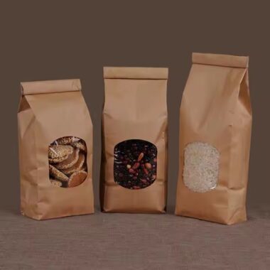 Kraft paper pouch with clear window and sealed closure for snacks and cookies