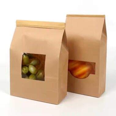 Kraft paper pouch with clear window and sealed closure for snacks and cookies