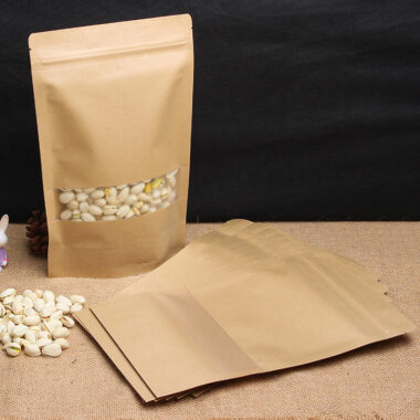 Brown kraft paper pouch with resealable zipper and window