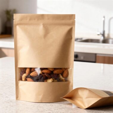 Brown kraft paper pouch with resealable zipper and window
