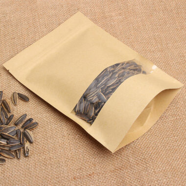 Brown kraft paper pouch with resealable zipper and window
