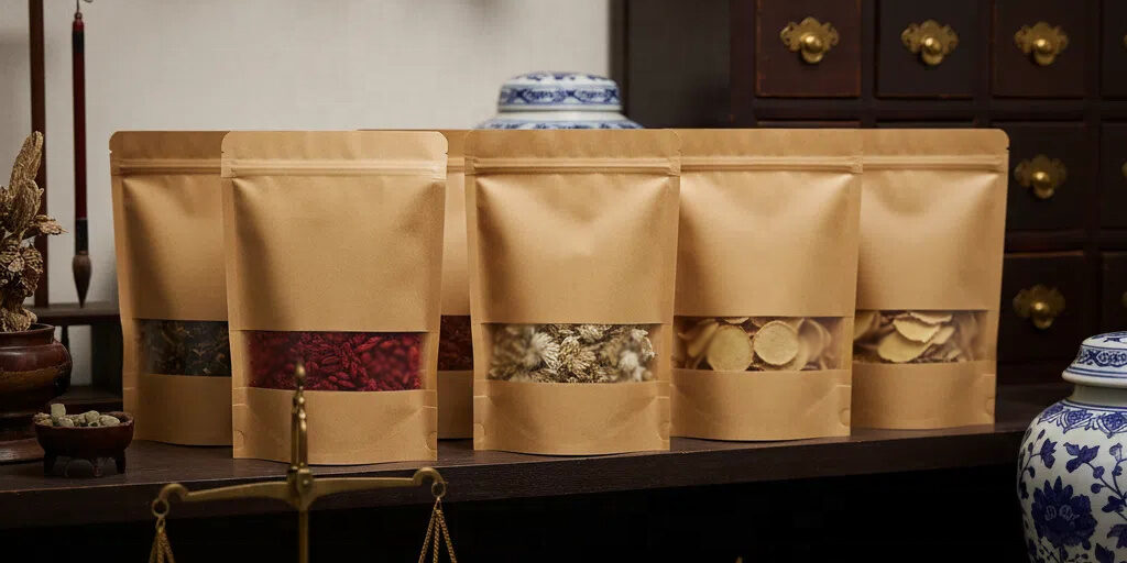 Brown kraft paper pouch with resealable zipper and window