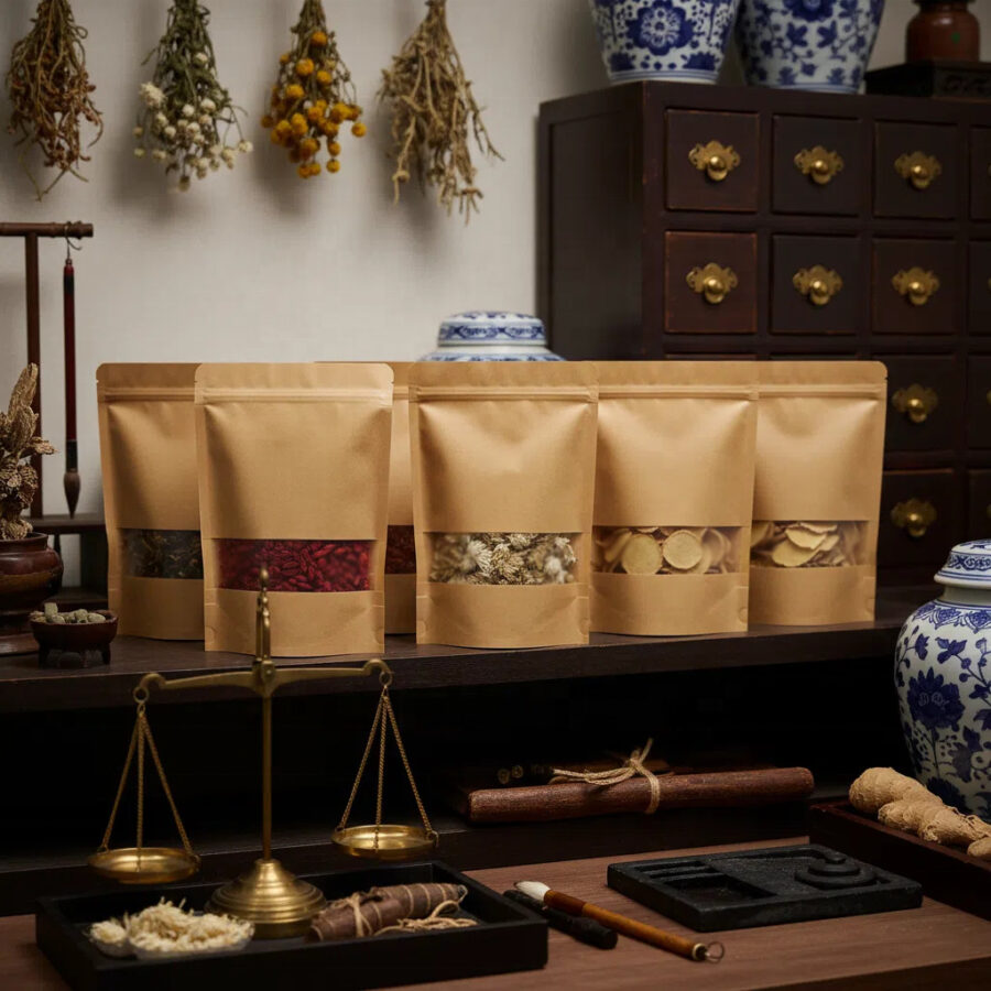 Brown kraft paper pouch with resealable zipper and window