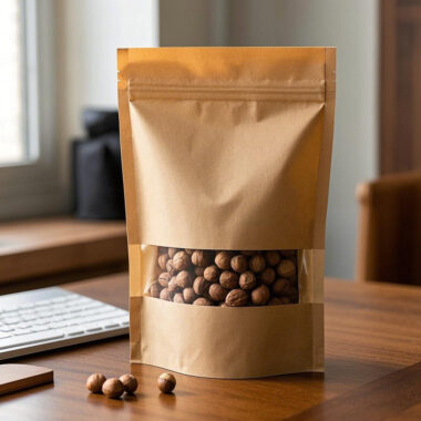Brown kraft paper pouch with resealable zipper and window