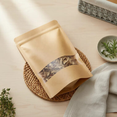 Brown kraft paper pouch with resealable zipper and window