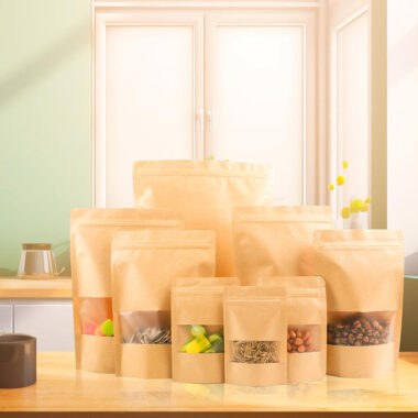 Kraft zipper pouch with window for snack and food packaging