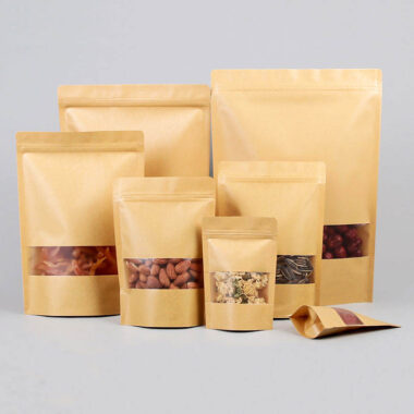 Kraft zipper pouch with window for snack and food packaging