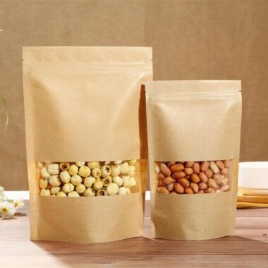 Kraft zipper pouch with window for snack and food packaging