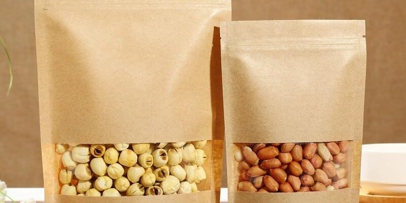 Kraft zipper pouch with window for snack and food packaging