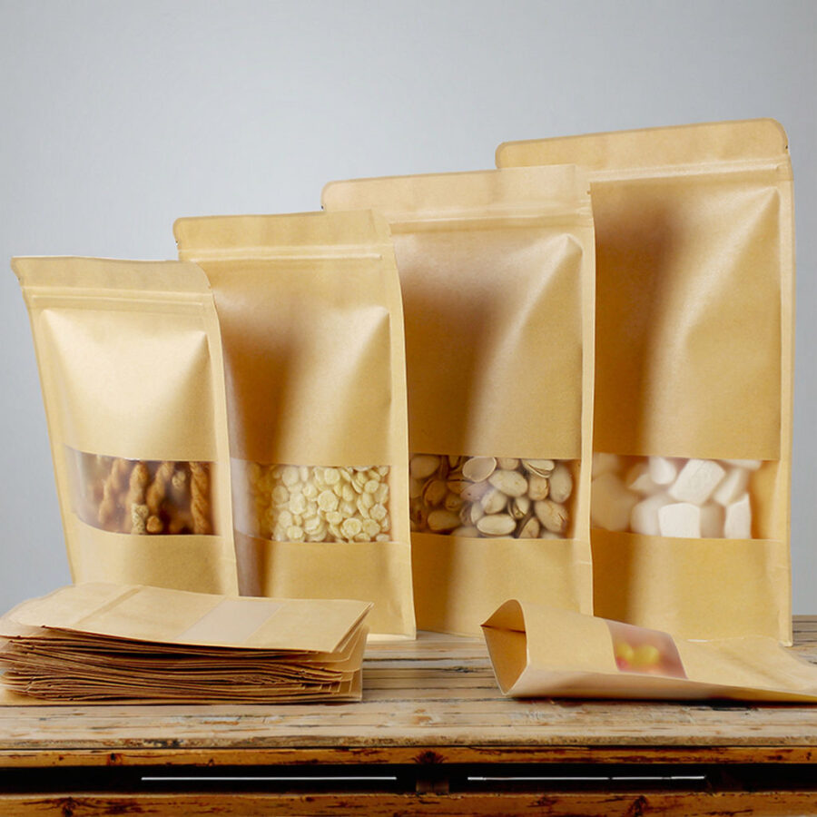 Kraft paper food pouch with window for packaging display