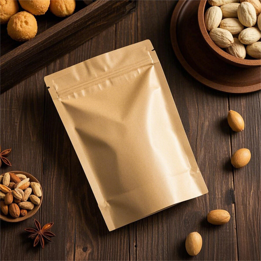 Brown kraft paper pouch with reusable zipper seal