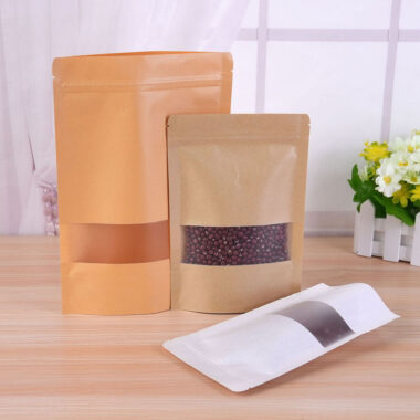 Resealable kraft paper food pouch with transparent window