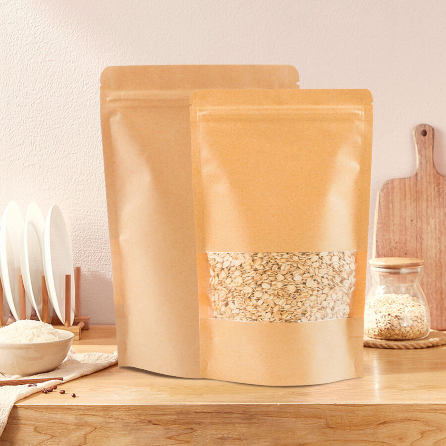 Resealable kraft paper food pouch with transparent window
