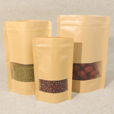 Yellow kraft pouch with window for reusable dry food packaging