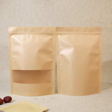 Yellow kraft pouch with window for reusable dry food packaging