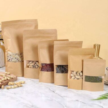 Yellow kraft pouch with window for reusable dry food packaging