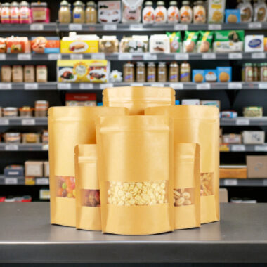 Yellow kraft pouch with window for reusable dry food packaging