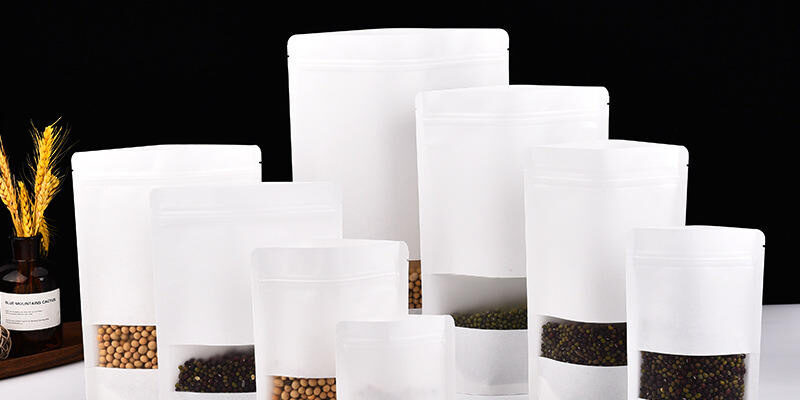 White kraft paper pouch with semi-transparent food window